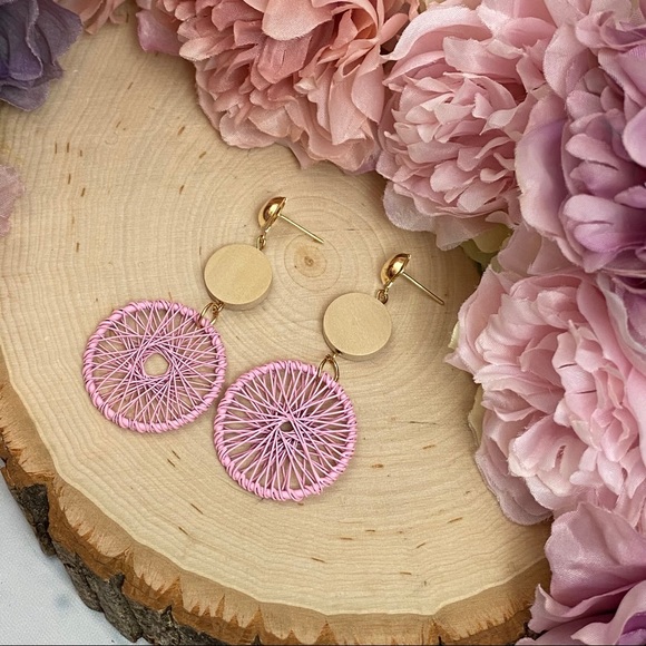 Boho Wood Woven Pink Dream Catcher Earrings - Picture 8 of 14